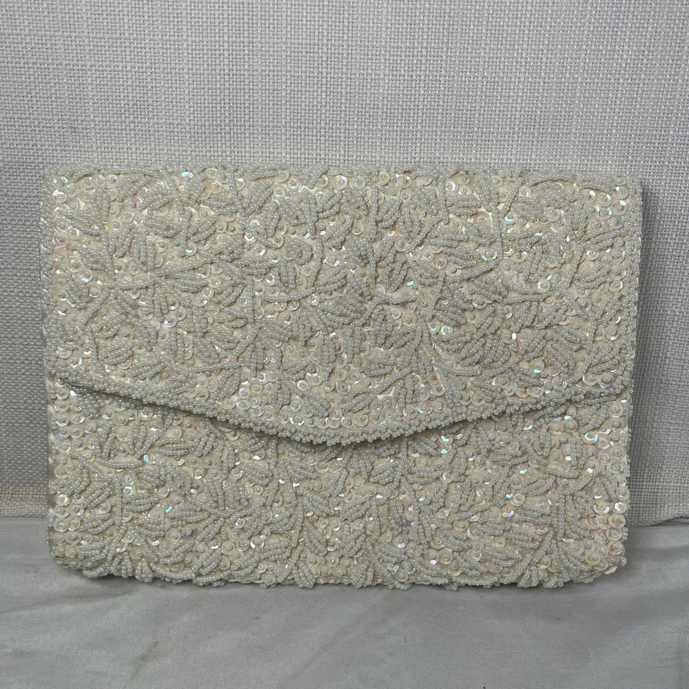 Vintage Handmade Beaded Sequin Pearl Envelope Clutch Bag Cream White Wedding